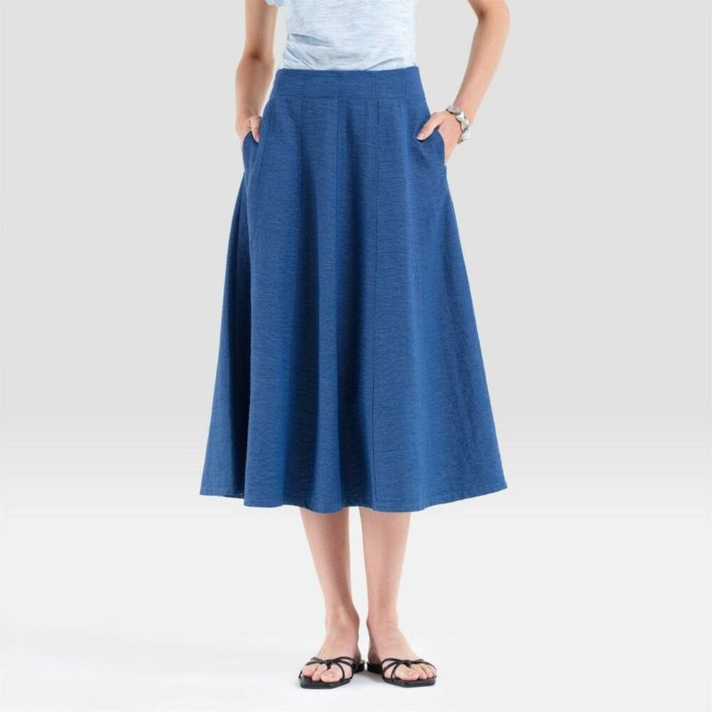 Women's High-Rise Paneled Denim Like Midi A-Line Skirt - Navy Blue 10